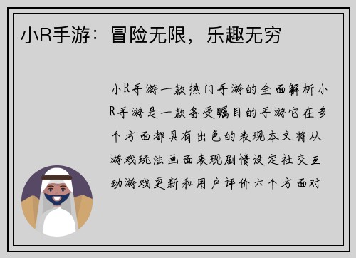 小R手游：冒险无限，乐趣无穷