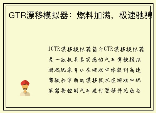 GTR漂移模拟器：燃料加满，极速驰骋