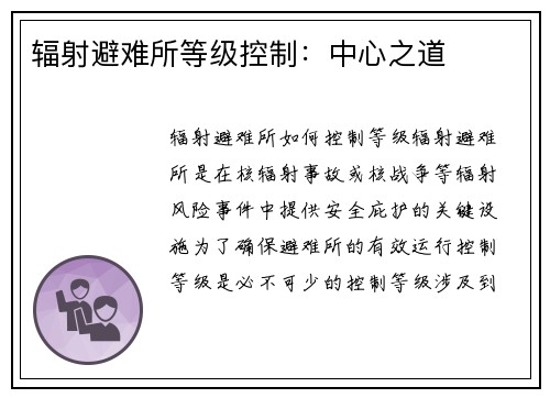 辐射避难所等级控制：中心之道