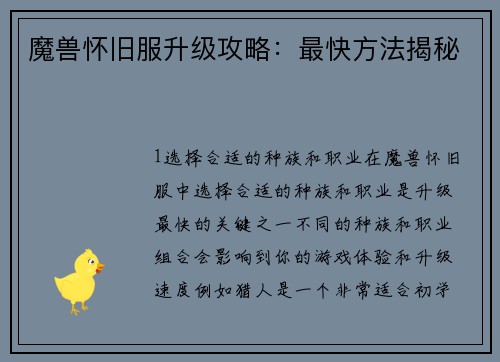 魔兽怀旧服升级攻略：最快方法揭秘
